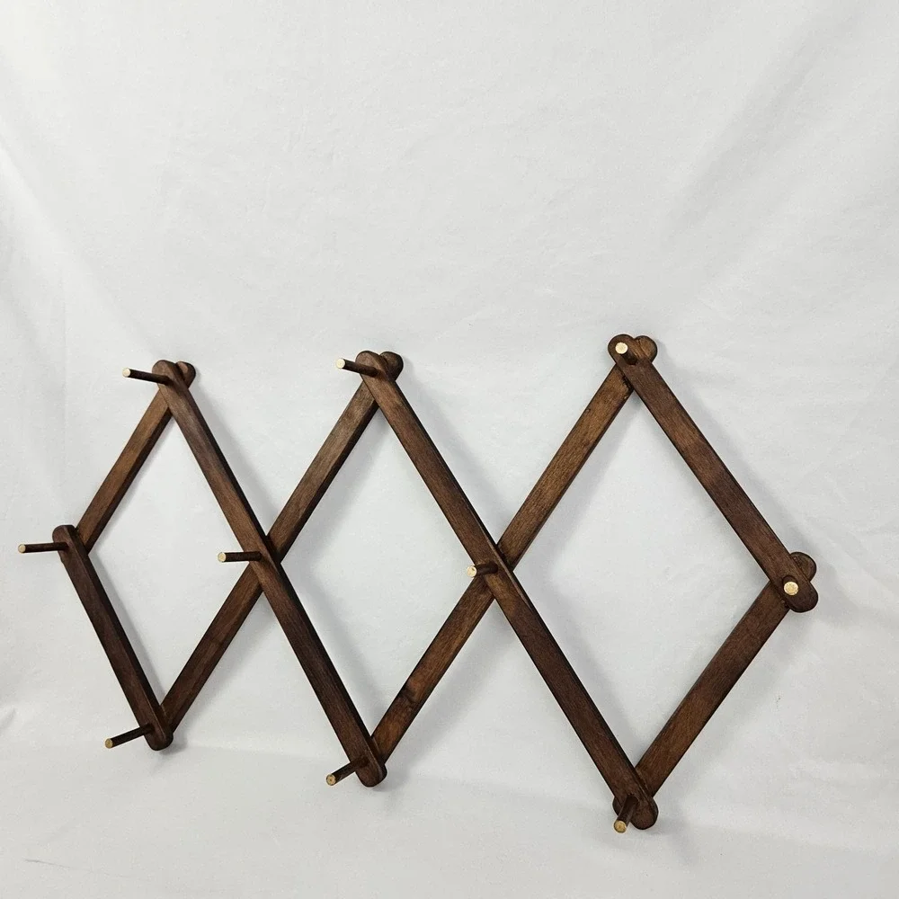 Vtg Wood Expandable Accordion Folding Rack 10 Peg Wall Hanger Hat Coat Jewelry